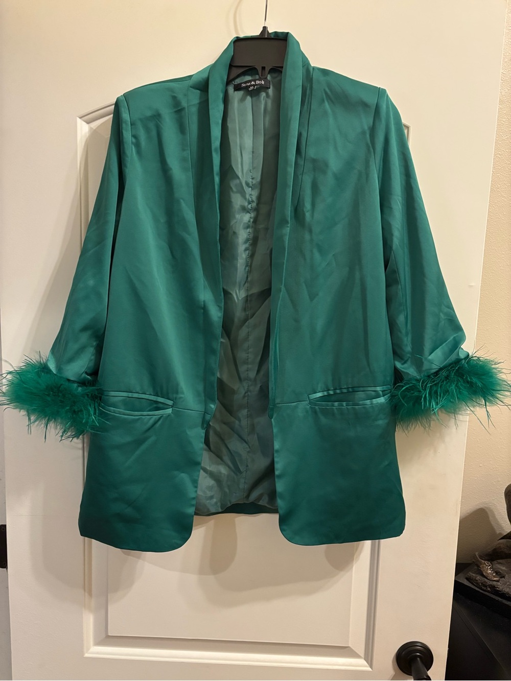 Satin Open Blazer with Feather Cuffs - Emerald Green - Women